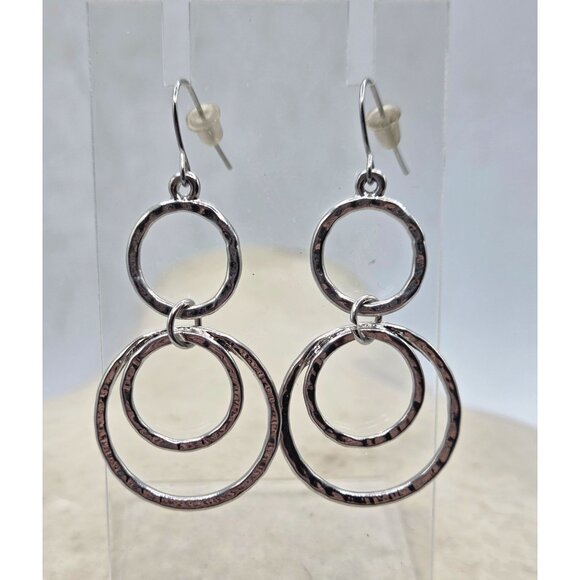 Hammered Silver Triple Circle Drop Earrings - Picture 2 of 2
